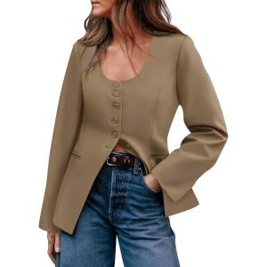 imageCicy Bell Womens Scoop Neck Casual Blazer Button Down Split Hem Fitted Business Work Suit JacketsDark Khaki