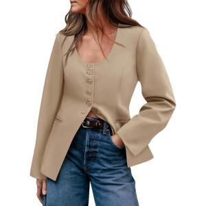imageCicy Bell Womens Scoop Neck Casual Blazer Button Down Split Hem Fitted Business Work Suit JacketsKhaki