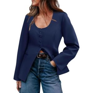 imageCicy Bell Womens Scoop Neck Casual Blazer Button Down Split Hem Fitted Business Work Suit JacketsNavy