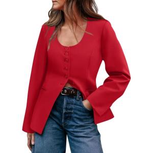 imageCicy Bell Womens Scoop Neck Casual Blazer Button Down Split Hem Fitted Business Work Suit JacketsRed