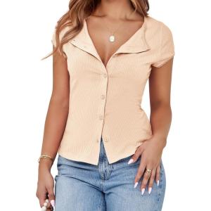 imageCicy Bell Womens Short Cap Sleeve Crop Tops Fitted Button Down V Neck Shirts Y2k Going Out Cute Ribbed Knit TshirtsBeige