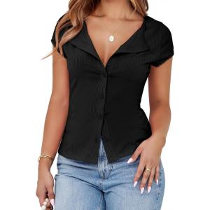 imageCicy Bell Womens Short Cap Sleeve Crop Tops Fitted Button Down V Neck Shirts Y2k Going Out Cute Ribbed Knit TshirtsBlack