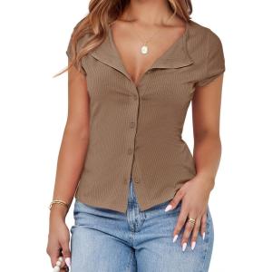imageCicy Bell Womens Short Cap Sleeve Crop Tops Fitted Button Down V Neck Shirts Y2k Going Out Cute Ribbed Knit TshirtsBrown
