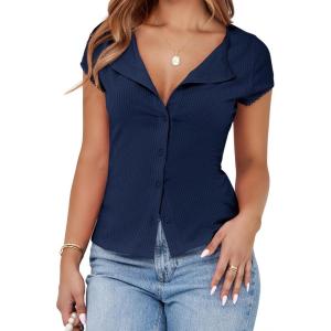 imageCicy Bell Womens Short Cap Sleeve Crop Tops Fitted Button Down V Neck Shirts Y2k Going Out Cute Ribbed Knit TshirtsDark Blue