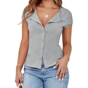 imageCicy Bell Womens Short Cap Sleeve Crop Tops Fitted Button Down V Neck Shirts Y2k Going Out Cute Ribbed Knit TshirtsLight Grey
