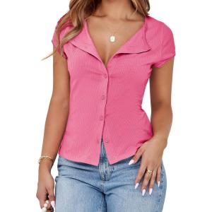 imageCicy Bell Womens Short Cap Sleeve Crop Tops Fitted Button Down V Neck Shirts Y2k Going Out Cute Ribbed Knit TshirtsPink