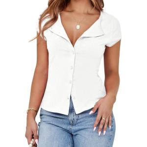 imageCicy Bell Womens Short Cap Sleeve Crop Tops Fitted Button Down V Neck Shirts Y2k Going Out Cute Ribbed Knit TshirtsWhite