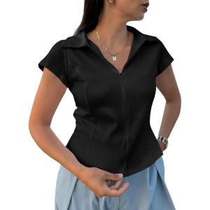 imageCicy Bell Womens Short Sleeve Collared Polo Shirts Cotton Fitted Blouse Summer Casual V Neck TopsBlack