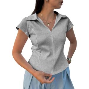 imageCicy Bell Womens Short Sleeve Collared Polo Shirts Cotton Fitted Blouse Summer Casual V Neck TopsGrey