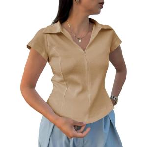 imageCicy Bell Womens Short Sleeve Collared Polo Shirts Cotton Fitted Blouse Summer Casual V Neck TopsKhaki