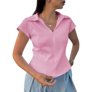 imageCicy Bell Womens Short Sleeve Collared Polo Shirts Cotton Fitted Blouse Summer Casual V Neck TopsPink