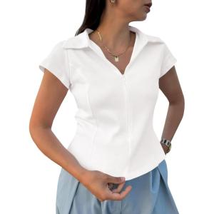 imageCicy Bell Womens Short Sleeve Collared Polo Shirts Cotton Fitted Blouse Summer Casual V Neck TopsWhite