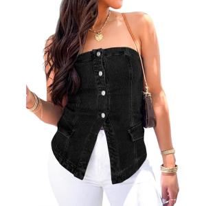 imageCicy Bell Womens Strapless Denim Vest Summer Button Down Jean Tube Tops Y2k Going Out Fitted Bandeau Shirts WaistcoatBlack