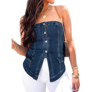 imageCicy Bell Womens Strapless Denim Vest Summer Button Down Jean Tube Tops Y2k Going Out Fitted Bandeau Shirts WaistcoatBlue