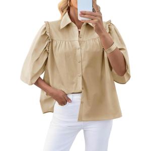 imageCicy Bell Womens Summer Button Down Shirts Short Ruffle Puff Sleeve Cotton Blouses Dressy Casual Ladies TopsBeige