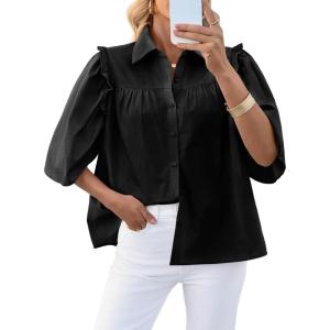imageCicy Bell Womens Summer Button Down Shirts Short Ruffle Puff Sleeve Cotton Blouses Dressy Casual Ladies TopsBlack