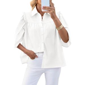 imageCicy Bell Womens Summer Button Down Shirts Short Ruffle Puff Sleeve Cotton Blouses Dressy Casual Ladies TopsWhite