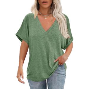 imageCicy Bell Womens Summer Oversized TShirts V Neck Rolled Short Sleeve Casual Tops Loose Fit Tunic TeesArmy Green