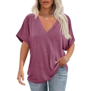 imageCicy Bell Womens Summer Oversized TShirts V Neck Rolled Short Sleeve Casual Tops Loose Fit Tunic TeesWine Red