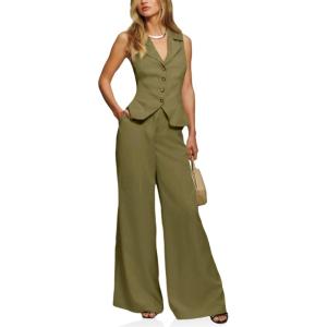 imageCicy Bell Womens Vest Sets Summer 2 Piece Outfits Button Crop Blazer Vest and Wide Leg Pant SuitsArmy Green