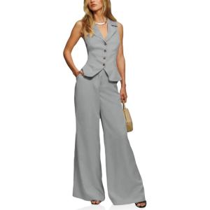 imageCicy Bell Womens Vest Sets Summer 2 Piece Outfits Button Crop Blazer Vest and Wide Leg Pant SuitsLight Grey