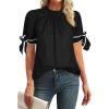 imageCicy Bell Womens Summer Bow Puff Sleeve Blouse Dressy Casual Pleated Cotton Tops Mock Neck Loose Fit ShirtsBlack
