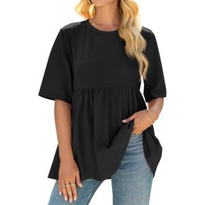 imageCicy Bell Women Summer Babydoll Tops Oversized Short Sleeve Peplum Tunic T Shirt Casual Loose Fit BlouseBlack