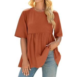 imageCicy Bell Women Summer Babydoll Tops Oversized Short Sleeve Peplum Tunic T Shirt Casual Loose Fit BlouseBrick Red