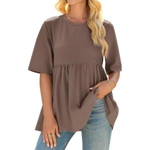 imageCicy Bell Women Summer Babydoll Tops Oversized Short Sleeve Peplum Tunic T Shirt Casual Loose Fit BlouseBrown