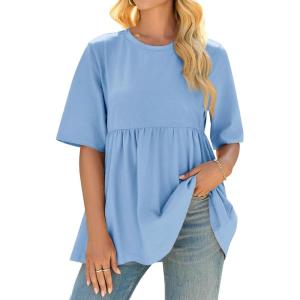 imageCicy Bell Women Summer Babydoll Tops Oversized Short Sleeve Peplum Tunic T Shirt Casual Loose Fit BlouseLight Blue