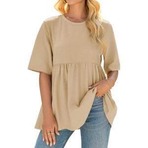 imageCicy Bell Women Summer Babydoll Tops Oversized Short Sleeve Peplum Tunic T Shirt Casual Loose Fit BlouseLight Khaki