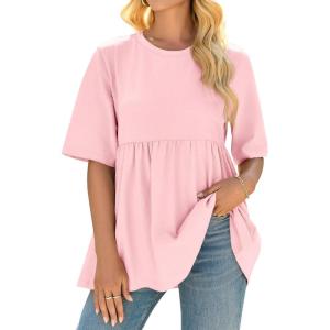 imageCicy Bell Women Summer Babydoll Tops Oversized Short Sleeve Peplum Tunic T Shirt Casual Loose Fit BlousePink