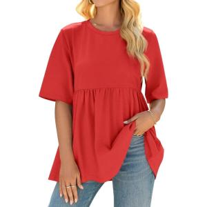 imageCicy Bell Women Summer Babydoll Tops Oversized Short Sleeve Peplum Tunic T Shirt Casual Loose Fit BlouseRed