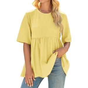 imageCicy Bell Women Summer Babydoll Tops Oversized Short Sleeve Peplum Tunic T Shirt Casual Loose Fit BlouseYellow