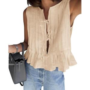 imageCicy Bell Womens Bow Front Tie Tank Tops Pleated Babydoll Top Sleeveless Cute Coquette Shirt Summer OutfitsBeige