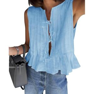 imageCicy Bell Womens Bow Front Tie Tank Tops Pleated Babydoll Top Sleeveless Cute Coquette Shirt Summer OutfitsLight Blue