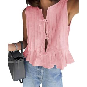 imageCicy Bell Womens Bow Front Tie Tank Tops Pleated Babydoll Top Sleeveless Cute Coquette Shirt Summer OutfitsLight Pink