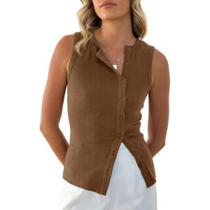 imageCicy Bell Womens Button Down Tank Tops Summer Sleeveless Vest Tops Trendy Ribbed Fitted Going Out ShirtsCoffee