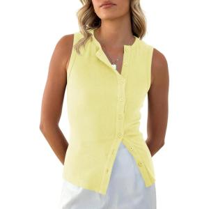 imageCicy Bell Womens Button Down Tank Tops Summer Sleeveless Vest Tops Trendy Ribbed Fitted Going Out ShirtsLight Yellow