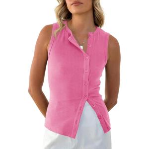 imageCicy Bell Womens Button Down Tank Tops Summer Sleeveless Vest Tops Trendy Ribbed Fitted Going Out ShirtsPink