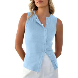 imageCicy Bell Womens Button Down Tank Tops Summer Sleeveless Vest Tops Trendy Ribbed Fitted Going Out ShirtsSky Blue