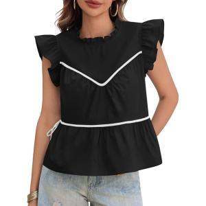 imageCicy Bell Womens Ruffle Babydoll Tank Tops Summer Cotton Peplum Mock Neck Blouses Trendy Casual Pleated Bow ShirtsBlack