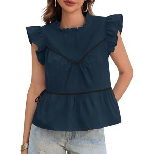imageCicy Bell Womens Ruffle Babydoll Tank Tops Summer Cotton Peplum Mock Neck Blouses Trendy Casual Pleated Bow ShirtsNavy