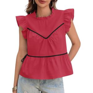 imageCicy Bell Womens Ruffle Babydoll Tank Tops Summer Cotton Peplum Mock Neck Blouses Trendy Casual Pleated Bow ShirtsRed