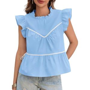 imageCicy Bell Womens Ruffle Babydoll Tank Tops Summer Cotton Peplum Mock Neck Blouses Trendy Casual Pleated Bow ShirtsSky Blue