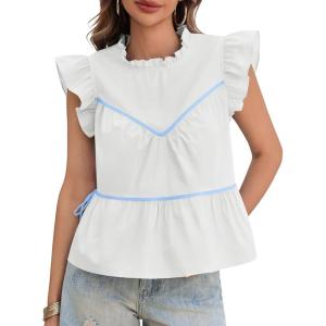 imageCicy Bell Womens Ruffle Babydoll Tank Tops Summer Cotton Peplum Mock Neck Blouses Trendy Casual Pleated Bow ShirtsWhite