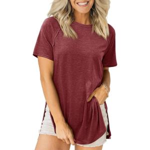 imageCicy Bell Womens Short Sleeve Tunic Tops Summer Crew Neck Side Split T Shirts Casual Loose Fit Basic Tees ShirtsWine Red