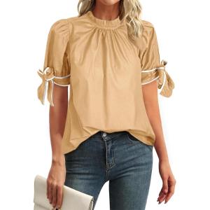 imageCicy Bell Womens Summer Bow Puff Sleeve Blouse Dressy Casual Pleated Cotton Tops Mock Neck Loose Fit ShirtsKhaki