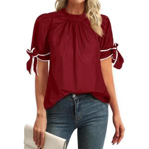 imageCicy Bell Womens Summer Bow Puff Sleeve Blouse Dressy Casual Pleated Cotton Tops Mock Neck Loose Fit ShirtsRed