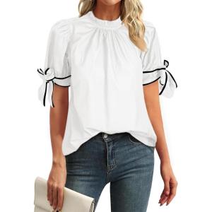 imageCicy Bell Womens Summer Bow Puff Sleeve Blouse Dressy Casual Pleated Cotton Tops Mock Neck Loose Fit ShirtsWhite
